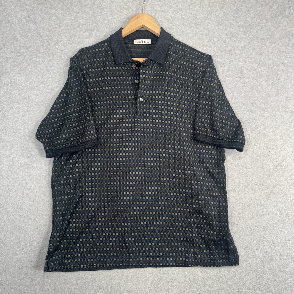 Louis Roth VTG Mercerized Cotton Polo Shirt Men's Medium Navy Gold Geometric